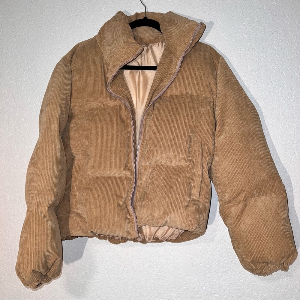 SHEIN Large Camel Zip Up Corduroy Puffer Coat